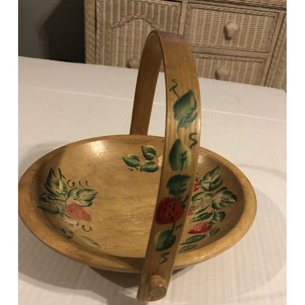 Vintage Wooden Bowl Hand Painted  Strawberries Woodcraft  Handle  8 1/2”